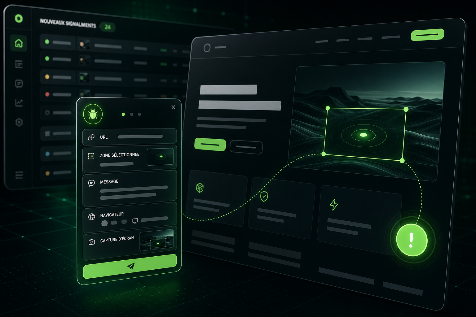 Visuel futuriste BugsPointer montrant un bouton de signalement, une zone pointée et un rapport de bug contextualisé